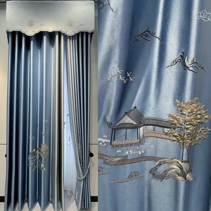 新款中式高精密暗纹山水庭院绣花窗帘纱蓝色灰色无缝拼接遮光卧室