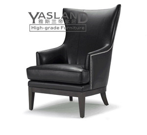 欧式新古典实木单人沙发美式黑色皮艺老虎椅高背椅卧室书房酒店