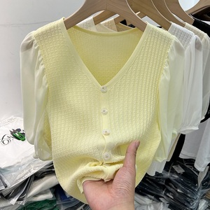 黄色短袖针织开衫女夏季2024新款V领泡泡袖拼接雪纺体恤短款上衣