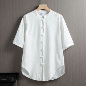 亚麻白色衬衫男短袖夏季中式棉麻唐装改良汉服中国风男装立领衬衣