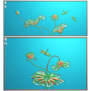 精雕图jdp灰度bmp浮雕木雕背板檀雕简易蜻蜓荷花横屏沙发床靠背板