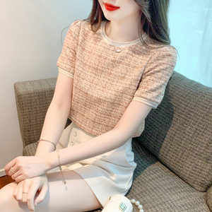 韩版夏季纯棉短袖t恤女装夏装2024新款格子别致设计感上衣小香风