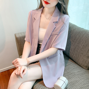 夏季薄款短袖紫色西装外套女夏装2024年新款上衣高级感气质设计感