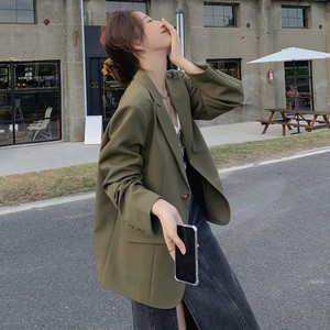 绿色西装外套女春秋高级感小众设计休闲高街西服小个子韩版复古潮