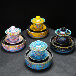 中式古典宫廷风珐琅彩功夫茶具盖碗茶杯壶承雪景三才泡茶碗浮雕