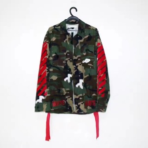 正品*现货OFF WHITE ow 红迷彩刺绣条纹飘带迷彩衬衫夹克男女外套