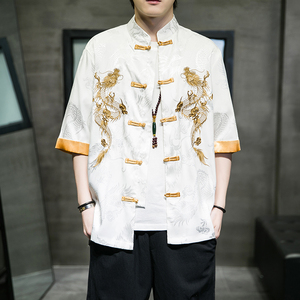 中国风男装龙袍唐装薄款冰丝短袖男士衬衫复古立领衬衫刺绣外套潮