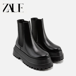 真皮ZR ZAUE新款切尔西靴厚底短筒松糕靴短靴黑色马丁靴女骑士靴