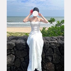 设计感法式风超仙海边度假白色镂空肌理感绣花大摆拖地礼服长裙女
