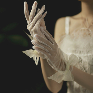 新款夏季新娘短款婚纱礼服手套摄影结婚长款女薄白色婚礼蕾丝手套