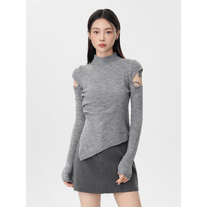 灰色半高领不规则破洞打底针织衫毛衣女春秋季设计感内搭短款上衣