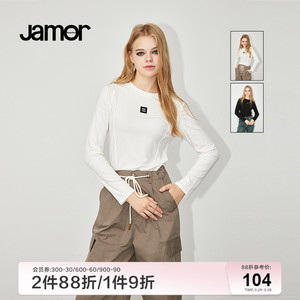 Jamor时尚圆领双色长袖T恤女冬季新款宽松百搭纯色打底衫加末