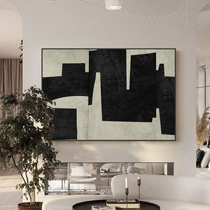 日式赤贫风客厅沙发装饰画横版有框单幅印刷油画黑白色块抽象挂画
