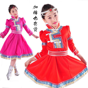 蒙古袍女童春秋女儿童女孩公主演出服装日常生活装红色舞蹈表演服