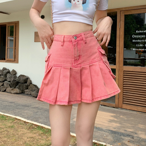 粉红色牛仔短裙女2023年新款夏季高腰a字半身裙小个子包臀百褶裙
