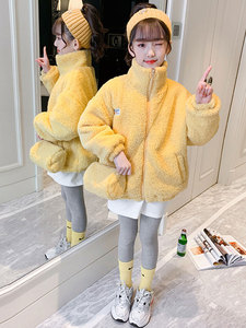韩国女童羊羔绒外套秋冬装儿童羊羔毛大衣羽绒服加绒中大童洋气潮