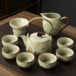 米黄汝窑功夫茶具高档轻奢家用新中式陶瓷喝茶套装茶壶盖碗茶杯具