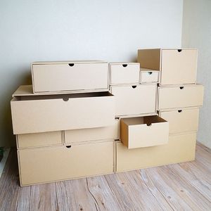 牛皮纸箱抽屉式收纳盒三层桌面储物收纳箱衣服杂物简约储物箱鞋盒