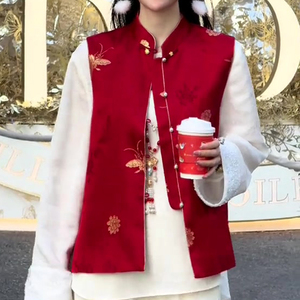 中式女装中国风春季款立领马甲2024年轻奢重工红色本命年穿搭上衣