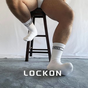 LOCKON虎熊 2双装男士春季字母印花毛巾底中筒运动棉袜熊袜子白袜