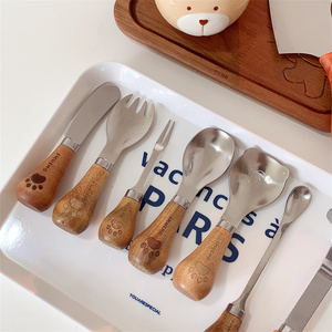 FunLife生活馆 可爱木柄不锈钢餐具 可立叉勺搅拌棒水果叉餐具