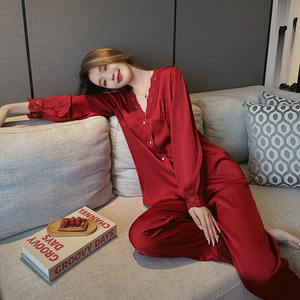 红色睡衣女士春秋舒适宽松2023新款时尚长袖高级本命年家居服套装