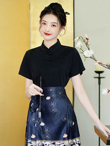 新中式女装大码黑色显瘦针织毛衣配马面裙穿的上衣古风短袖t恤夏