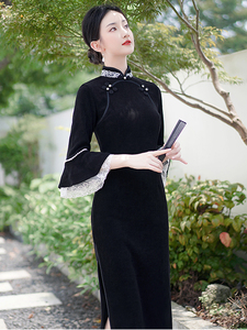 新中式改良奥黛旗袍连衣裙黑色民国风少女气质高端丝绒礼服长袖春