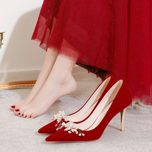 婚鞋女新娘鞋不累脚花朵结婚鞋禾秀婚纱两穿红色高跟鞋小众高级感