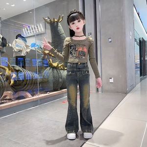 清货女童秋季新款韩版时髦铆钉长袖T恤复古港风牛仔微喇裤套装两