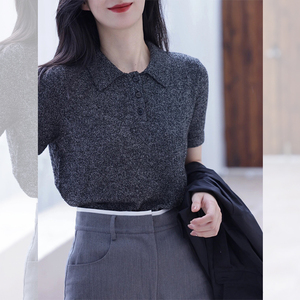 今年流行黑灰色短袖冰丝衬衣夏季新款高级感Polo领薄款针织上衣