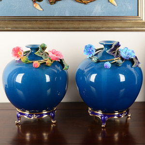珐琅彩新中式花开富贵蓝色陶瓷花瓶摆件家用客厅创意插花矮胖小口