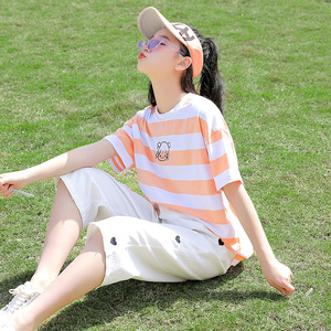 高中女生短袖T恤少女大童夏季初中学生夏装韩版宽松学院上衣条纹