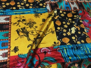 花卉小鸟拼接图案数码喷绘桑蚕丝面料 21姆米桑波缎真丝绸缎布料