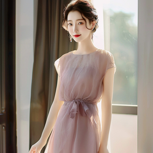 简单大方紫色浅雪纺薄纱连衣裙2024新款女夏季轻奢高级感收腰裙子
