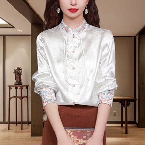 新中式国风刺绣衬衫女2024春季新款复古盘扣唐装汉服立领缎面上衣