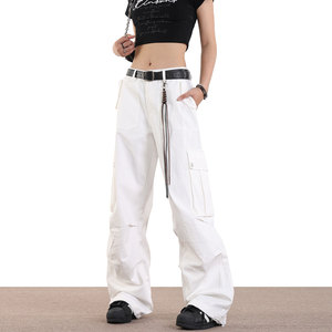 0123Start 白色直筒工装裤女宽松美式复古辣妹嘻哈街舞休闲长裤子