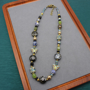 新中式天然石串珠项链手链耳环套装仿绿松孔雀石玛瑙天河石老琉璃