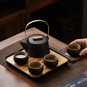 禅风黑陶茶具日式简约提梁茶壶干泡茶盘便携包家用禅意小套装