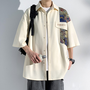 新中式国风男装拼接短袖衬衫男款夏季潮流潮牌高级感痞帅大码外套