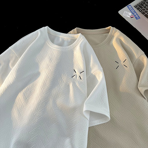 提花白色短袖t恤男士2024新款夏季宽松重磅设计感七分袖男生体恤