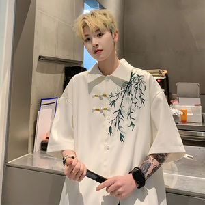 新中式国风刺绣短袖衬衫男装夏季冰丝薄款盘扣高级感痞帅衬衣外套