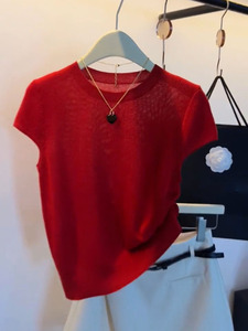 韩版ins潮流红色针织短袖t恤女2024夏季新款洋气减龄打底衫上衣薄