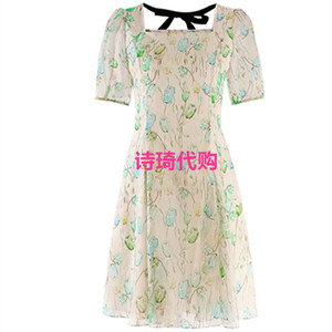 宝莱小个子女装商场同款夏季新款蓝绿印花方领连衣裙子B1CDW64320