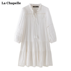 拉夏贝尔/La Chapelle镂空蕾丝花边七分袖白色泡泡袖连衣裙新款夏