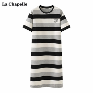 拉夏贝尔/La Chapelle刺绣小老虎条纹t恤裙韩版宽松显瘦短袖长裙