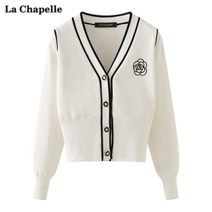 拉夏贝尔/La Chapelle玫瑰花复古V领针织开衫女修身设计感上衣春