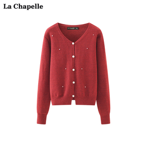 拉夏贝尔/La Chapelle红色V领钉珠亮片针织开衫女宽松通勤毛衣春