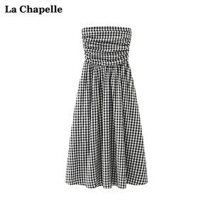 拉夏贝尔/La Chapelle法式格子抹胸连衣裙女气质a字收腰无袖长裙