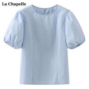 拉夏贝尔/La Chapelle泡泡袖上衣圆领套头衬衫女显瘦休闲小众衬衣